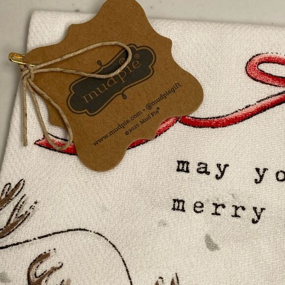 NWT Mudpie May Your Day Be Merry & Bright Santa Sleigh Printed Kitchen Towel - Picture 2 of 5